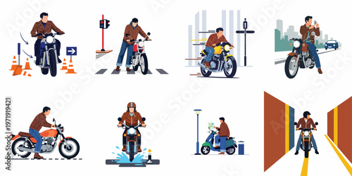 Vector Illustration Set of a Man Riding a Motorcycle in Various Urban Situations, Training, and Commuting Scenarios