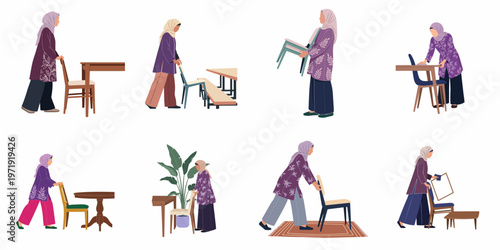 Flat vector illustrations of Muslim women in hijabs arranging, moving, and cleaning furniture like chairs and tables in various indoor settings.