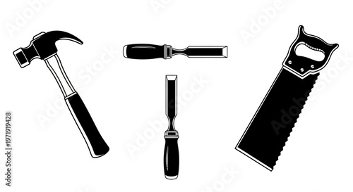 Set of woodworking tools: hammer, chisel, and hand saw, isolated on white background