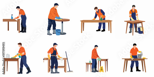 Set of professional cleaners in uniform wiping and disinfecting tables with spray bottles and cloths, isolated on a white background.
