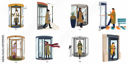 Set of flat illustrations depicting a stylish woman in winter clothing using revolving doors while looking at her smartphone.
