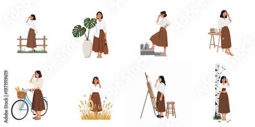 Set of minimalist flat vector illustrations featuring a young woman in different poses and settings, such as gardening, painting, and cycling.