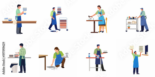 Flat illustration set of restaurant staff cleaning tables, carrying stacks of dishes, and performing busboy duties in a dining environment.