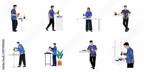 Set of illustrations depicting Indonesian people in batik attire adding sauces to traditional food like fried rice on various kitchen and dining settings.