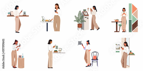 Vector illustration set of women using smartphones for contactless QR code payments and digital services in various retail and cafe settings.