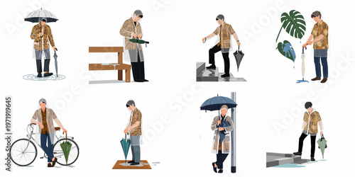 Set of vector illustrations depicting a stylish man in a clear raincoat navigating various rainy weather scenarios with umbrellas.