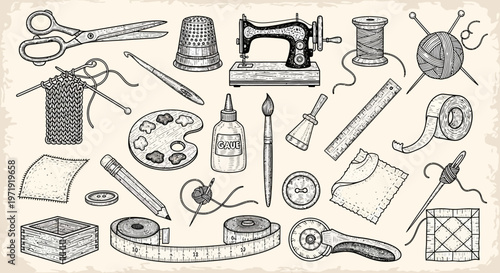 Sewing and Crafting Supplies - Vintage Illustration Collage