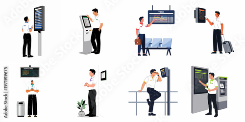 Flat vector illustrations of a man at an airport or station checking schedules, using kiosks, and waiting for his journey.
