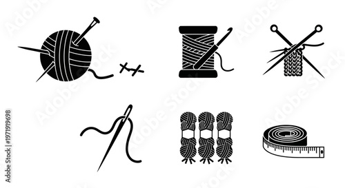 Sewing and Knitting Icons: Yarn, Needles, Thread, Crochet Hook, Tape Measure