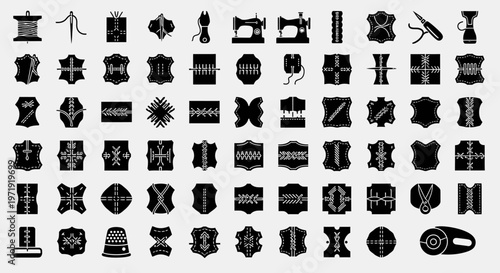 Sewing and Leather Craft Icons Set: Tools, Stitches, and Materials