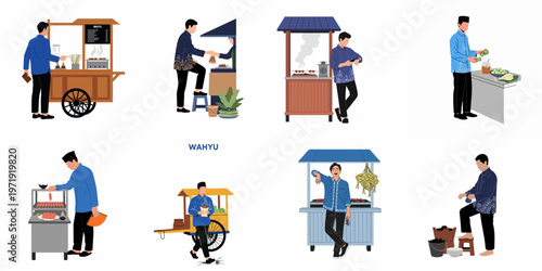 Collection of flat illustrations showing various scenes of an Indonesian man buying, selling, and preparing street food like satay at traditional carts.