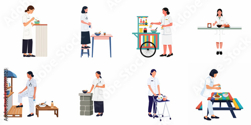 Flat vector illustration set of healthcare workers in white uniforms enjoying various street food meals during their lunch break on white background.