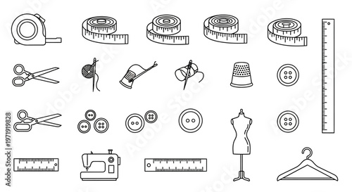 Sewing Icons Set: Scissors, Machine, Mannequin, Threads, Buttons, Ruler & Tape Measure