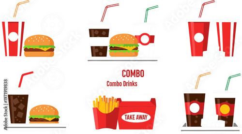 Fast Food Combo Set Featuring Burger Fries Soda Coffee and Takeaway Meal Packaging Street Food Vector Illustration Collection