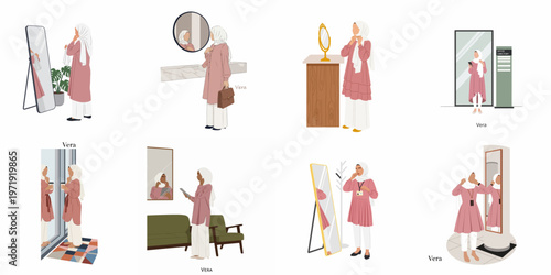 Set of illustrations featuring a modern Muslim woman in a hijab and pink outfit, checking her reflection in various mirrors.