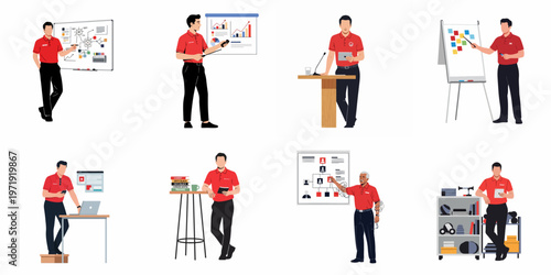 Collection of professional men in red shirts giving business presentations using whiteboards, flipcharts, tablets, and laptops in corporate office training environments.