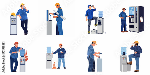 Flat vector illustrations of construction workers taking a break to hydrate and drink at water coolers and vending machines on white background.