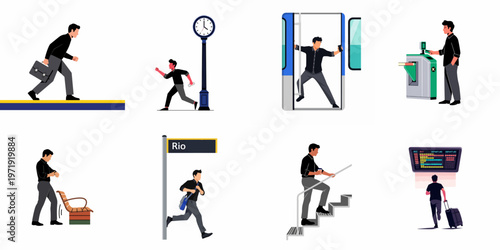 Set of vector illustrations showing a businessman commuting and traveling, featuring scenes of him running for trains, checking time, and moving through stations.