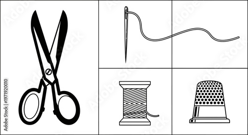 Sewing Tools Collage: Scissors, Needle, Thread, Thimble, Spool