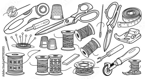 Sewing Tools Collection - Scissors, Threads, Needles, Thimbles, Measuring Tape