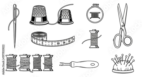 Sewing Tools Collection: Needle, Thimbles, Scissors, Threads, Pins, Tape Measure