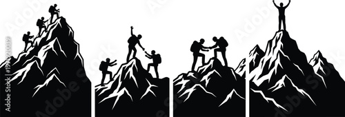 Black silhouette illustration of mountain climbers ascending rugged peaks, helping each other, and reaching summit, symbolizing teamwork artwork, adventure design, perseverance creativity, and 