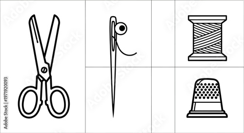 Sewing Tools: Scissors, Needle, Thread Spool, Thimble - Clean Line Art Icons