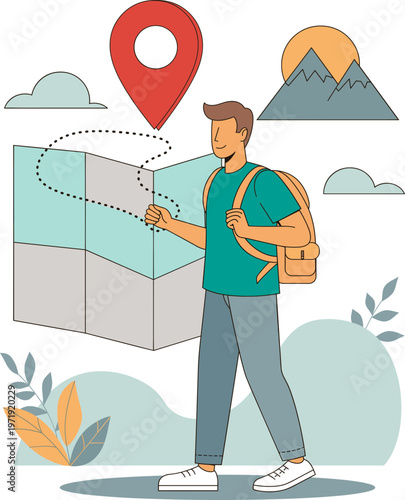 An enthusiastic traveler, guided by a detailed map and a vivid location marker, plans an exciting adventure, symbolizing the joy of discovery and the journey ahead