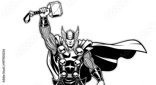 Superhero Thor with Hammer and Cape, Comic Book Style Illustration