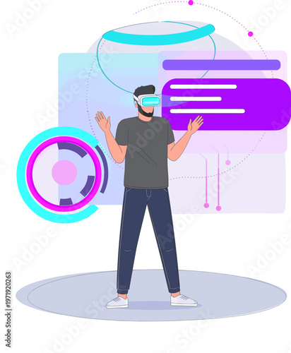 Immersive virtual reality experience with a man interacting with digital user interfaces, showcasing future technology and metaverse concepts