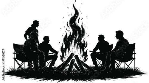 Black silhouette illustration of people sitting around campfire with chairs and flames, symbolizing outdoor artwork, camping design, nature creativity, and recreational projects