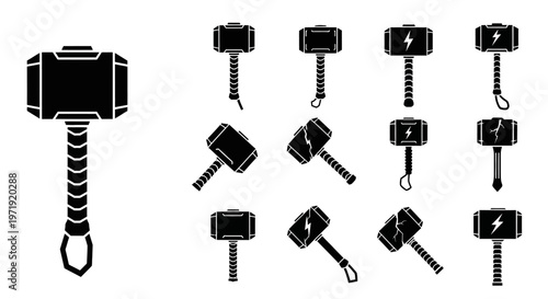 Thor Hammer Mjolnir Icon Set - Norse Mythology & Superhero Symbols