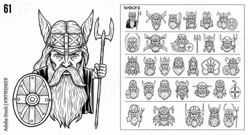 Viking warrior illustration with shield and axe, historical character, monochrome sketch