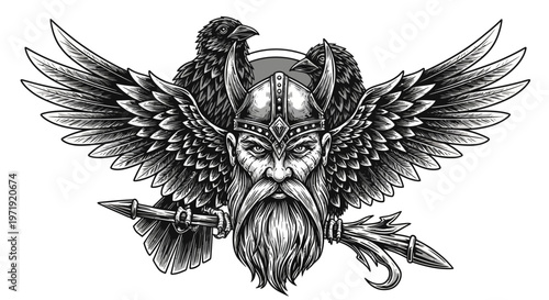 Viking Warrior with Ravens and Axe - Norse Mythology Illustration