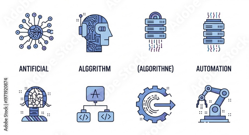 Artificial intelligence concepts and automation icons with algorithms and robotics on white background
