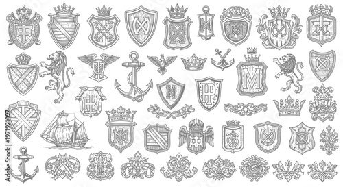 Vintage Heraldic Emblems, Crests, Shields, and Ornaments - Hand Drawn Collection