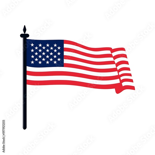 Waving United States Flag on a Pole Against a White Background, Symbolizing Patriotism and National Pride