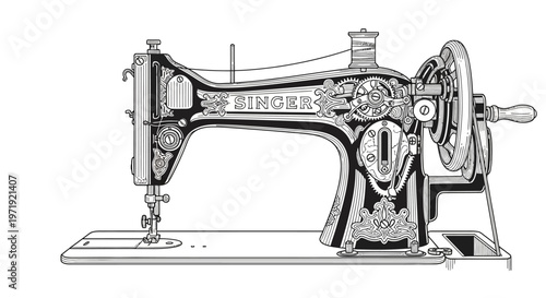 Vintage Singer Sewing Machine, Antique Textile Equipment, Retro Craft Tool