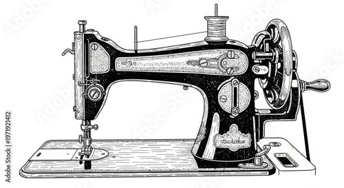 Vintage Sewing Machine Illustration - Retro Textile Craft Tool