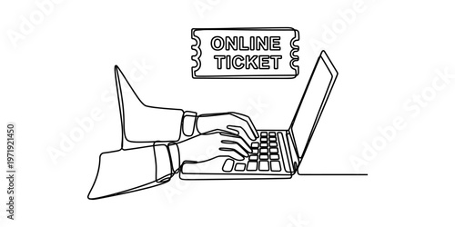 A single continuous line drawing of hands typing on a laptop to purchase an online event ticket Vector, illustration