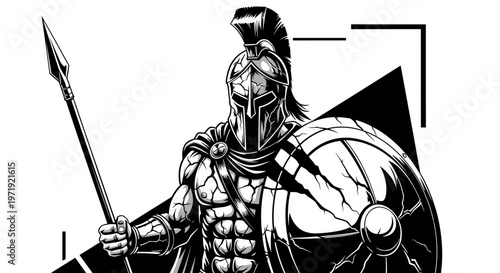 Warrior Hoplite Spartan Soldier with Spear and Shield - Black and White Illustration