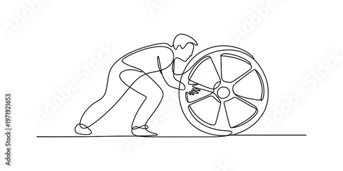 A continuous line drawing of a man pushing a large heavy wheel forward with great physical effort. Vector, illustration