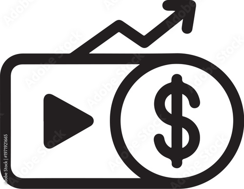 Monetization, video, play button, dollar sign, growth, black icon