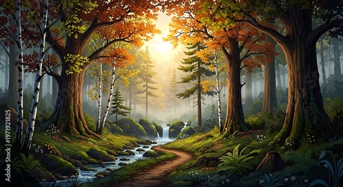 Autumnal forest scene sunlight streams through trees along a winding path