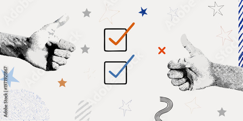 Hands making approval gestures near check boxes with checkmarks