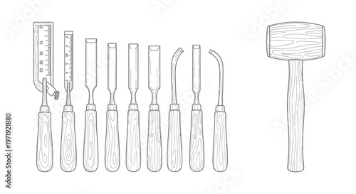 Woodworking Tools: Chisels and Mallet Illustration