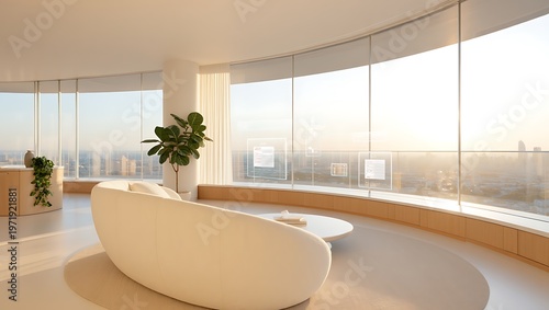Sleek modern minimalist living room with organic sofa, expansive curved windows, and panoramic city views, designed for sophisticated urban comfort