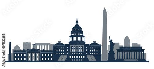 Washington DC Skyline Vector Silhouette with US Capitol, White House, and Washington Monument, Professional City Landmark Panorama for Travel and Government Related Graphic Design.
