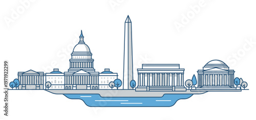 Washington DC Skyline Vector Illustration Featuring US Capitol Building, Washington Monument, and Lincoln Memorial in Blue Line Art Style, Isolated Landmark Cityscape Design.