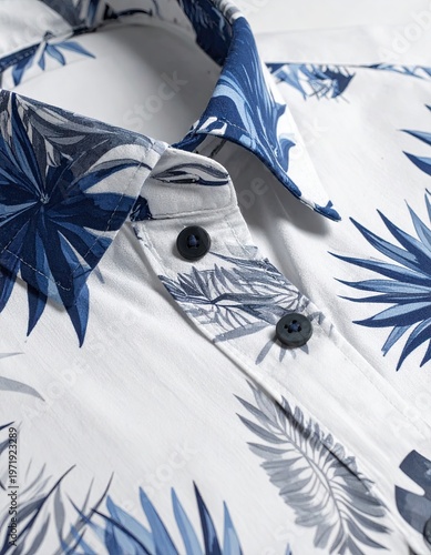 White shirt with blue leaf pattern, focus on collar/buttons